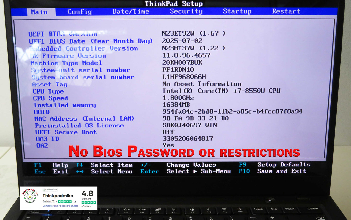 Lenovo ThinkPad x1 Carbon 6th Gen i7 8550U 1.8Ghz 16GB RAM 512GB SSD IPS WQHD Screen B\LKB (1203)