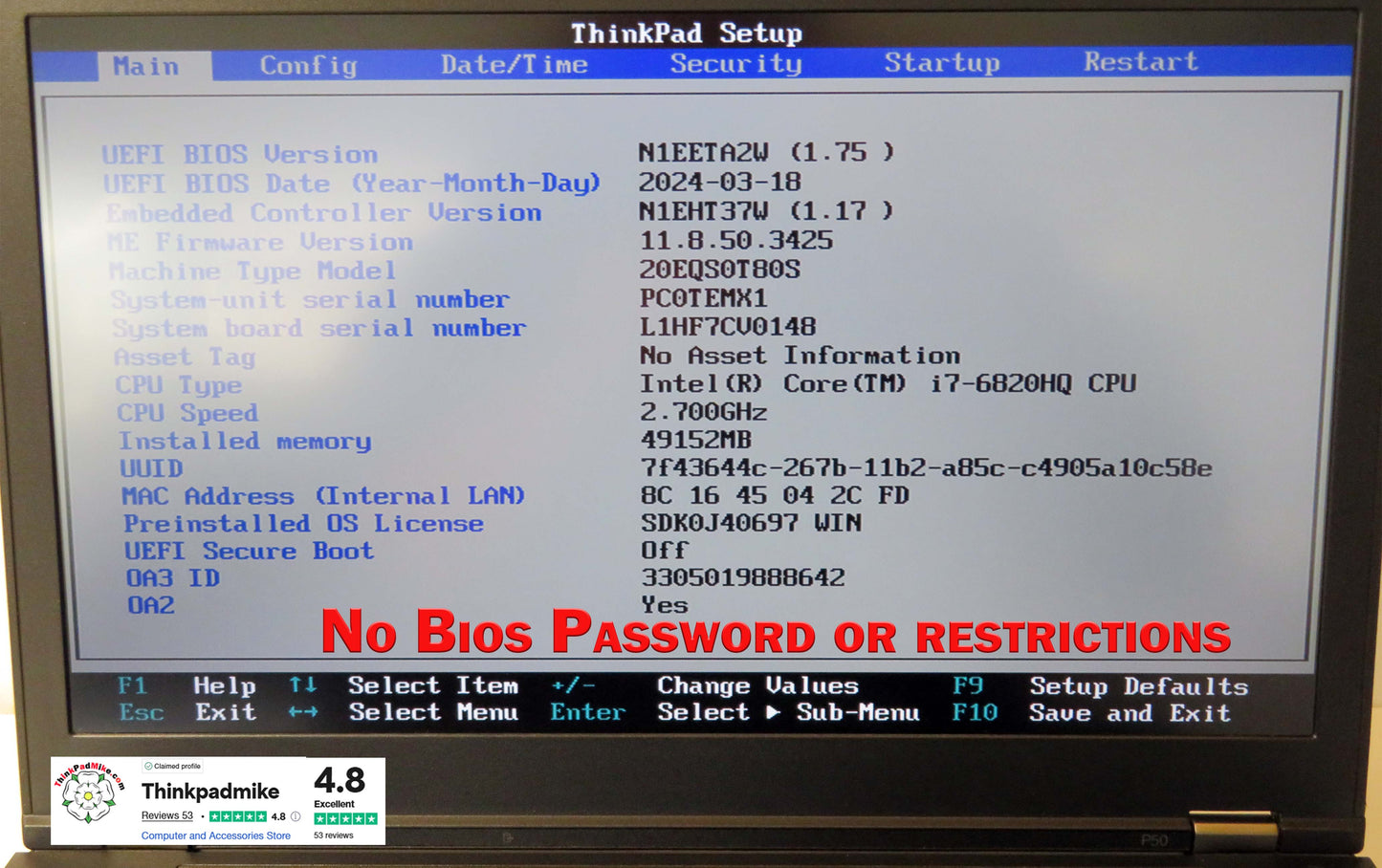 Lenovo ThinkPad P50 i7 6820HQ 48GB RAM 1TB SSD IPS NVIDIA M1000M (1137)