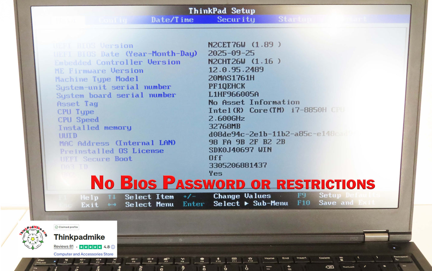 Lenovo ThinkPad P52 i7 *6 CORE* 8850H 2.6Ghz 32GB RAM 512GB SSD IPS B\L KB NVIDIA P1000 (1275)