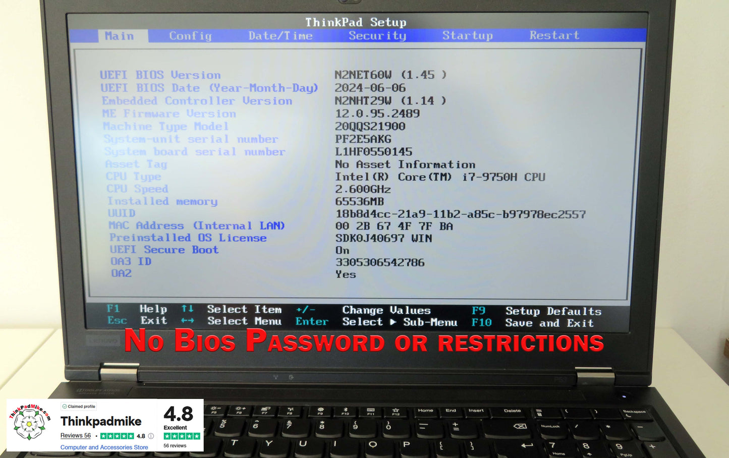 Lenovo ThinkPad P53 i7 *6 CORE* 9750H 2.6Ghz 64GB RAM 512GB IPS B\L KB NVIDIA T2000 (1145)