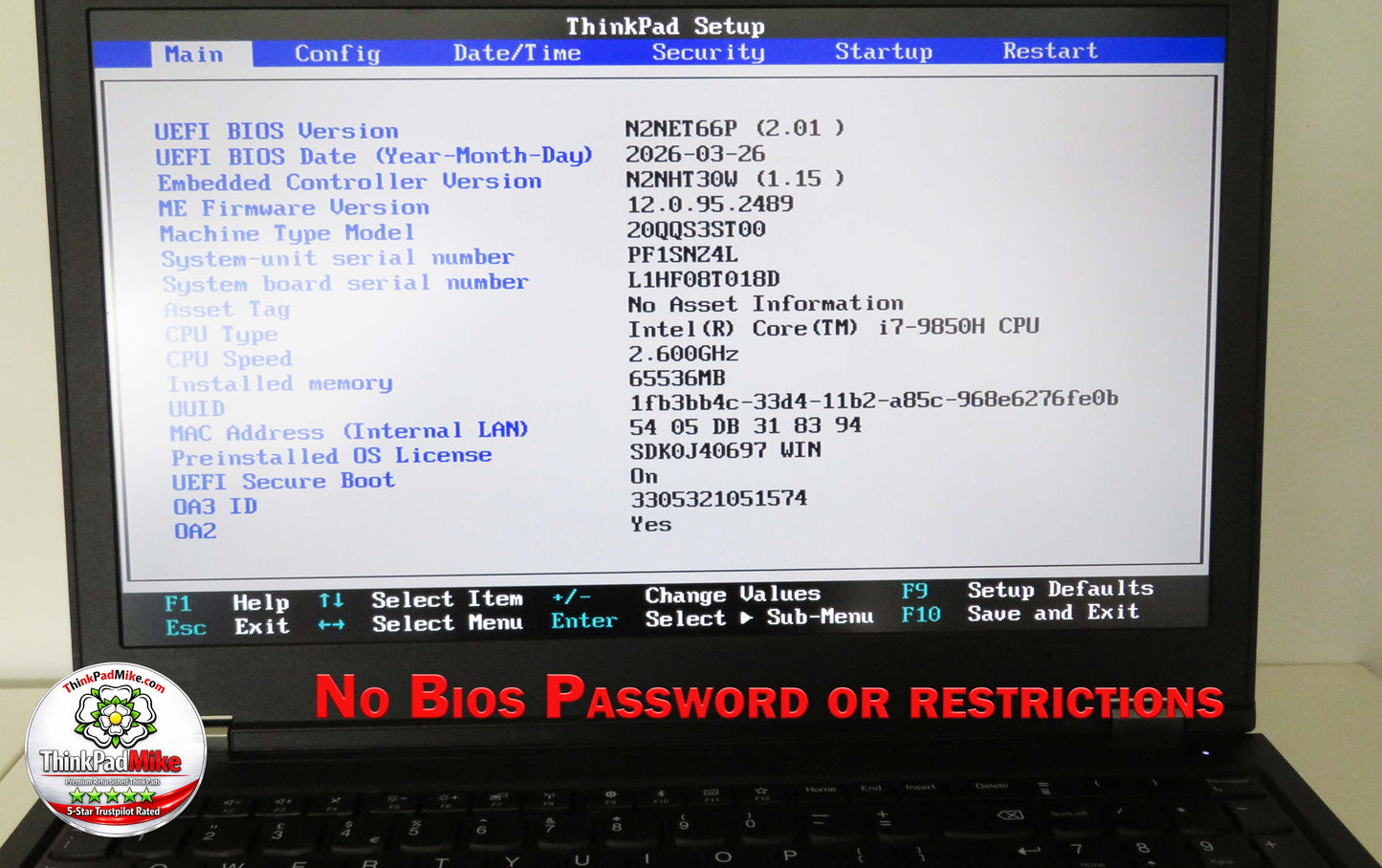 Lenovo ThinkPad P53 i7 *6 CORE* 9850H 2.6Ghz 64GB RAM 512GB SSD IPS B\L KB NVIDIA T1000 (1351)