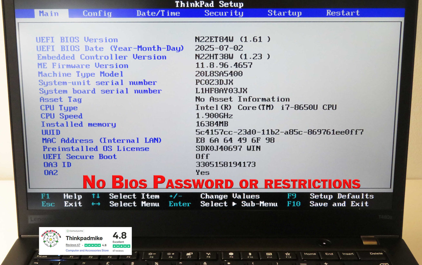 Lenovo ThinkPad T480s i7 8650U 16GB RAM 256GB SSD IPS WQHD SCREEN B\L KB (1204)