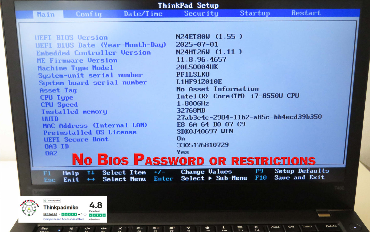 Lenovo ThinkPad T480 i7 8550U 32GB RAM 2 x256GB SSDs IPS SCREEN B\L KB (1197)