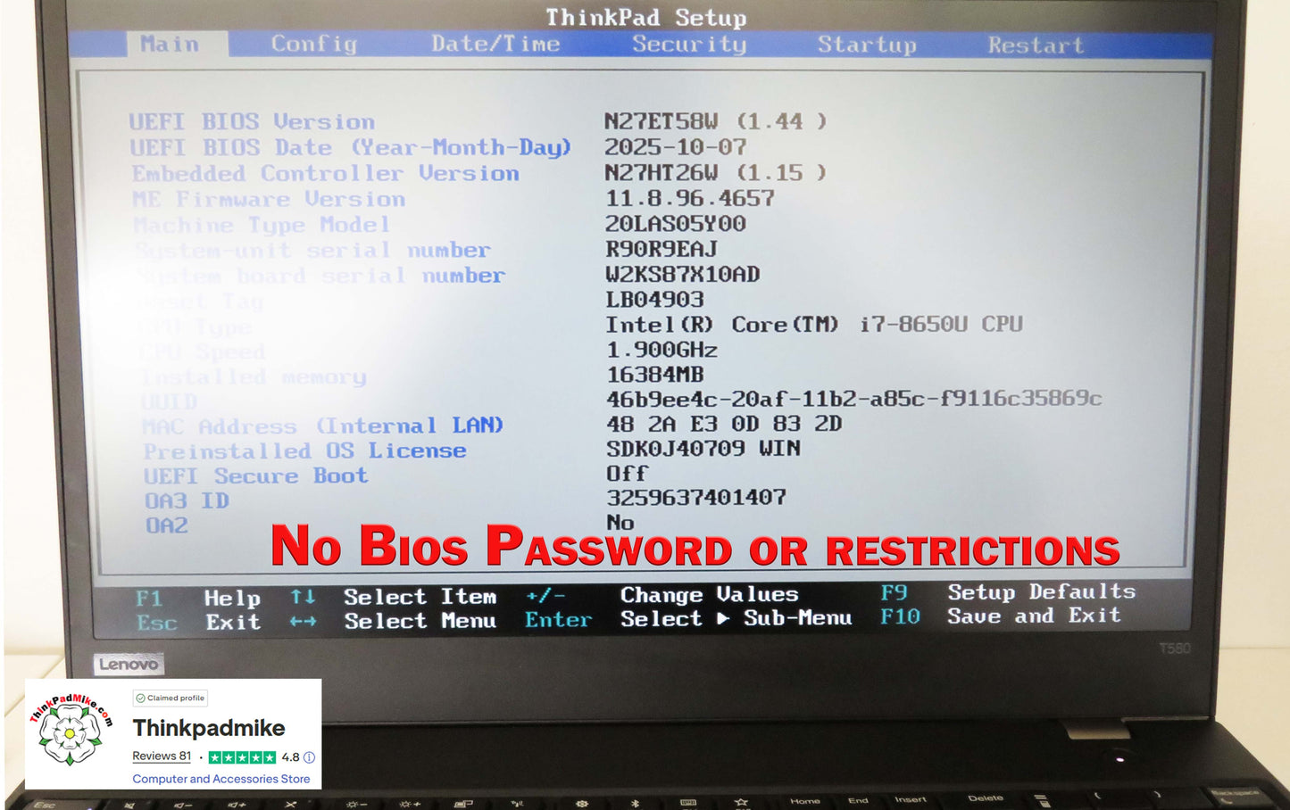 Lenovo ThinkPad T580 i7 8650U 16GB RAM 256GB SSD IPS SCREEN NVIDIA MX150 (1329)