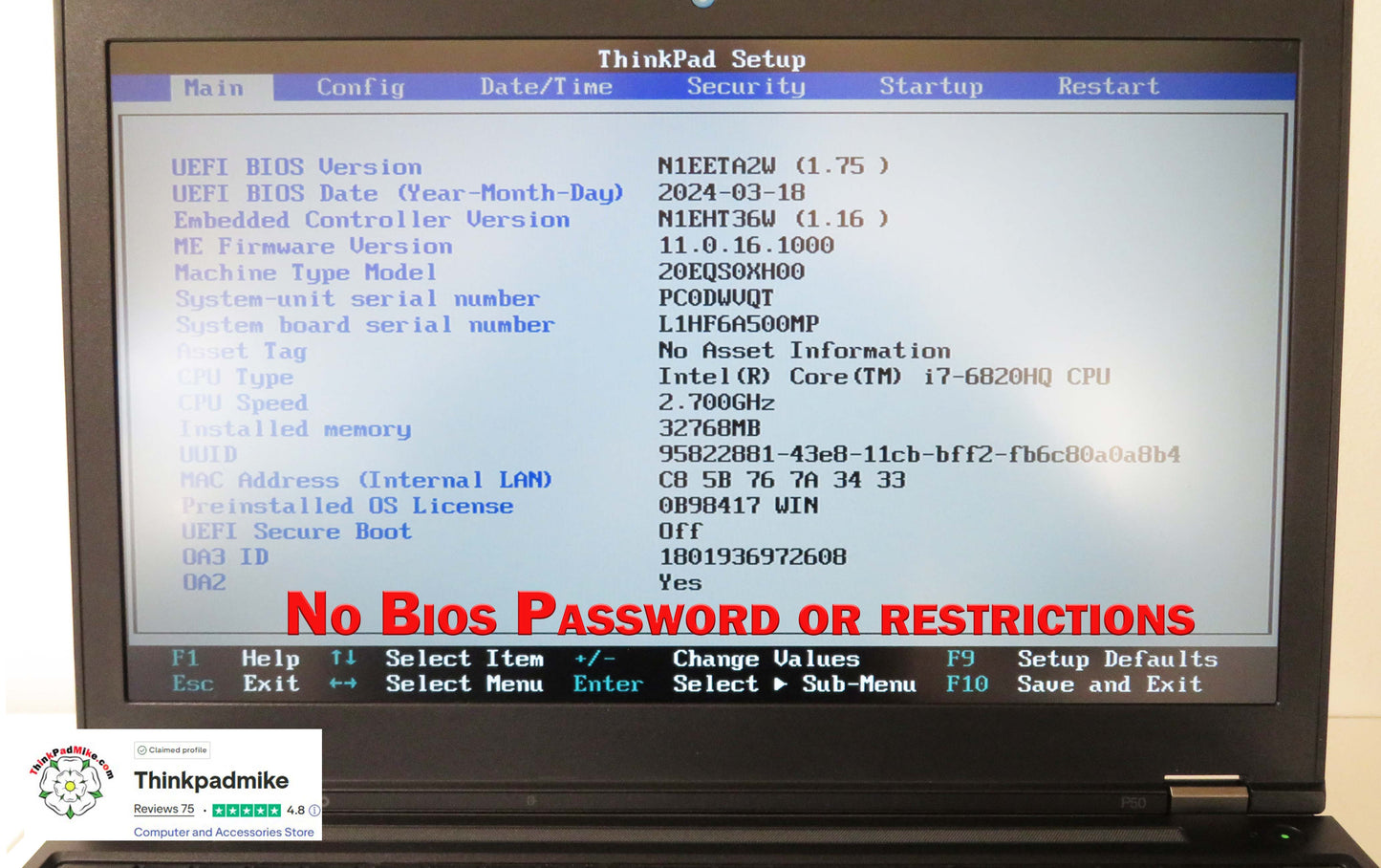 Lenovo ThinkPad P50 i7 6820HQ 32GB RAM 512GB SSD IPS NVIDIA M1000M (1274)