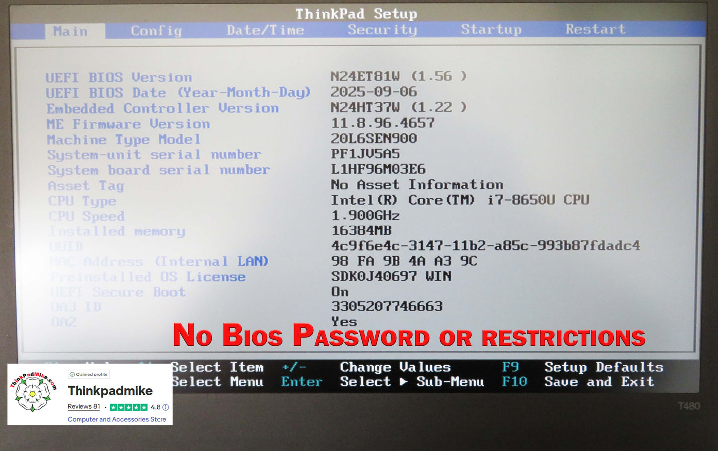 Lenovo ThinkPad T480 i7 8650U 16GB RAM 256GB SSD IPS SCREEN B\L KB (1322)