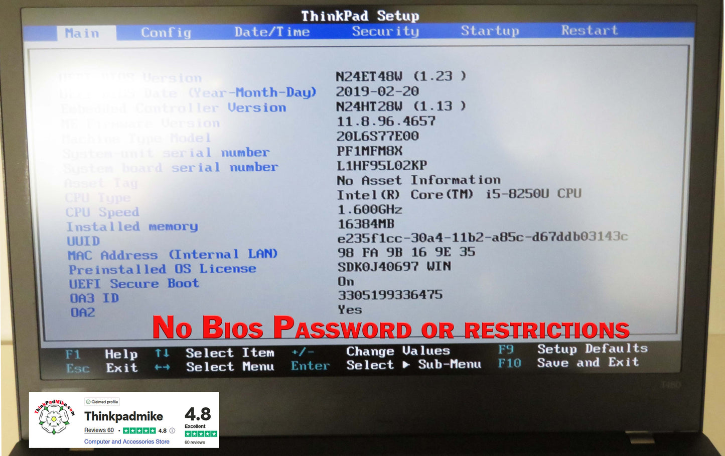 Lenovo ThinkPad T480 i5 8250U 16GB RAM 256GB SSD IPS SCREEN WIN11 (1187)