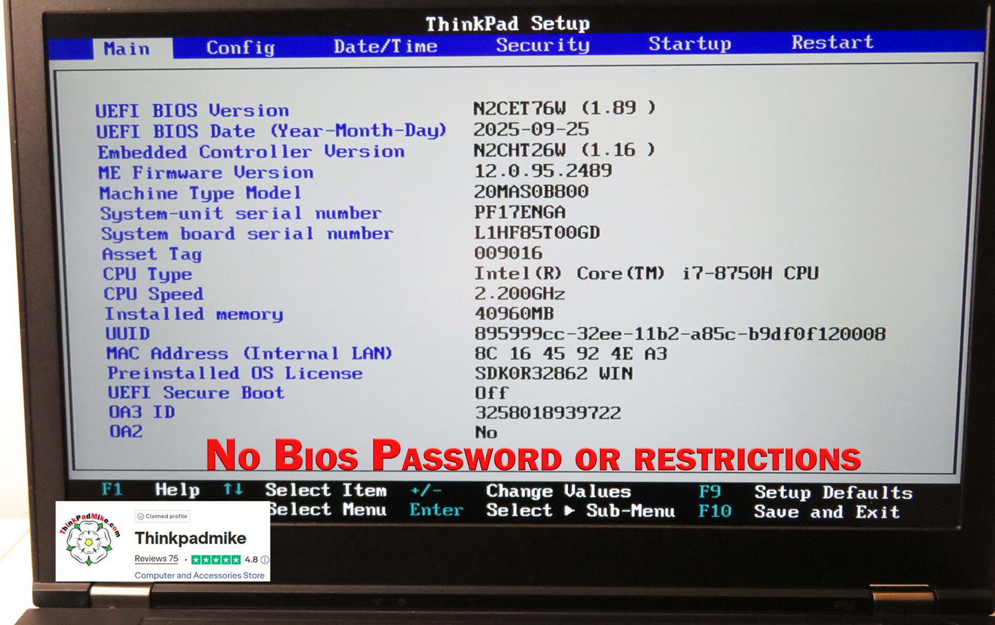 Lenovo ThinkPad P52 i7 *6 CORE* 8750H 2.2Ghz 40GB RAM 256GB SSD IPS B\L KB NVIDIA P1000 (1278)
