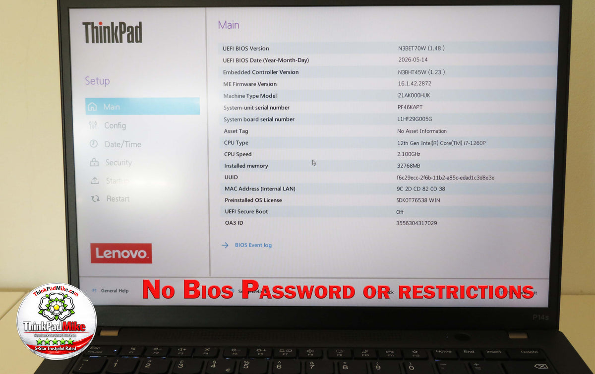Lenovo ThinkPad P14s i7 1260P *12 Core* 32GB RAM 1TB SSD IPS NVIDIA T550 (1394)