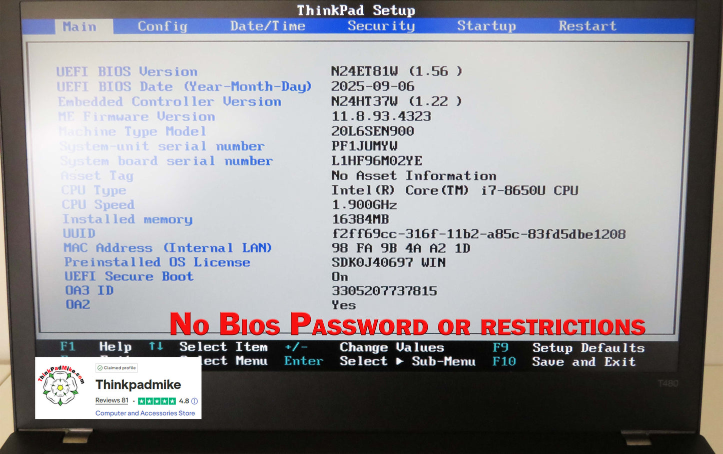 Lenovo ThinkPad T480 i7 8650U 16GB RAM 256GB SSD IPS SCREEN B\L KB (1320)
