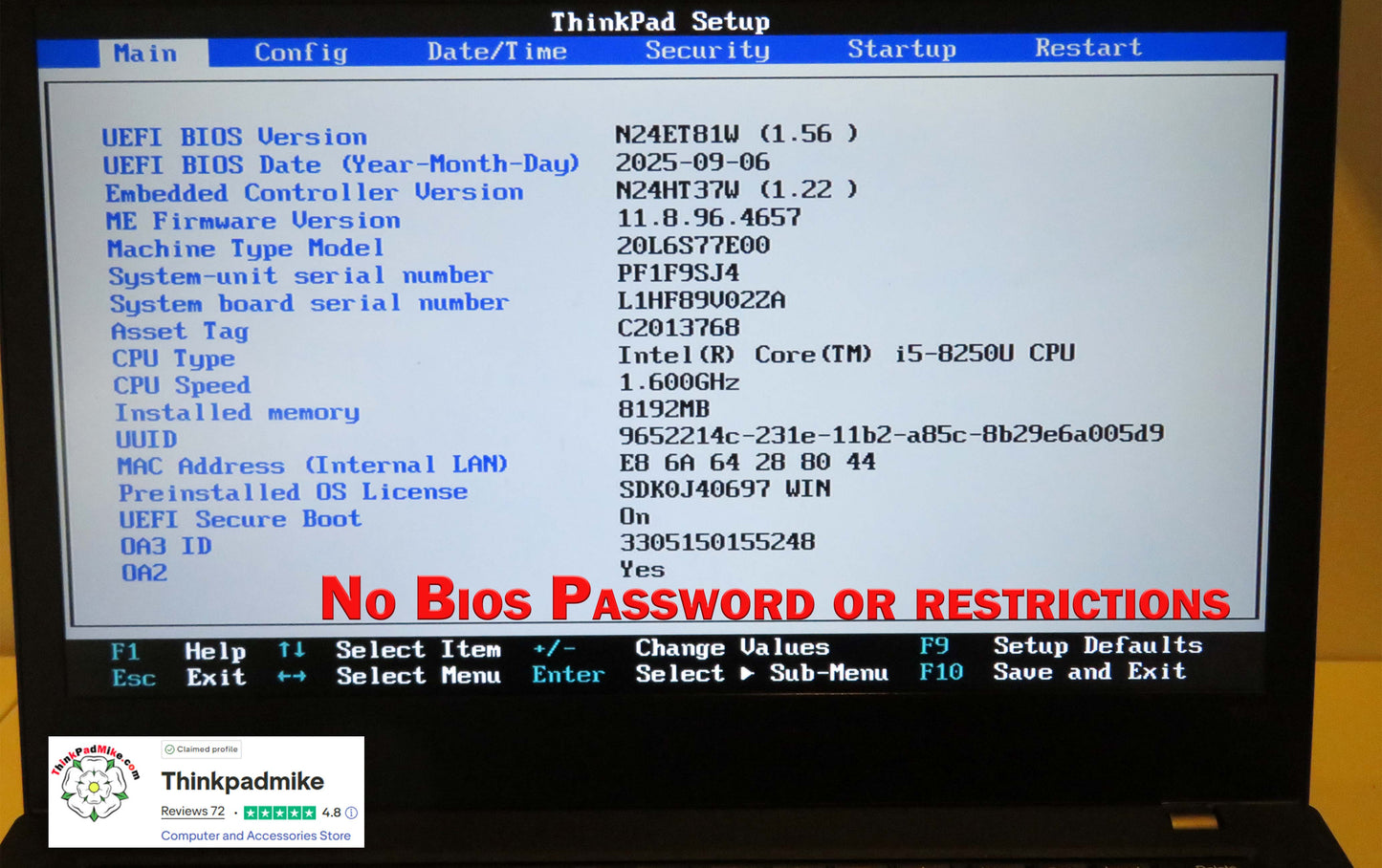 Lenovo ThinkPad T480 i5 8250U 8GB RAM 256GB SSD IPS SCREEN WIN11 (1253)