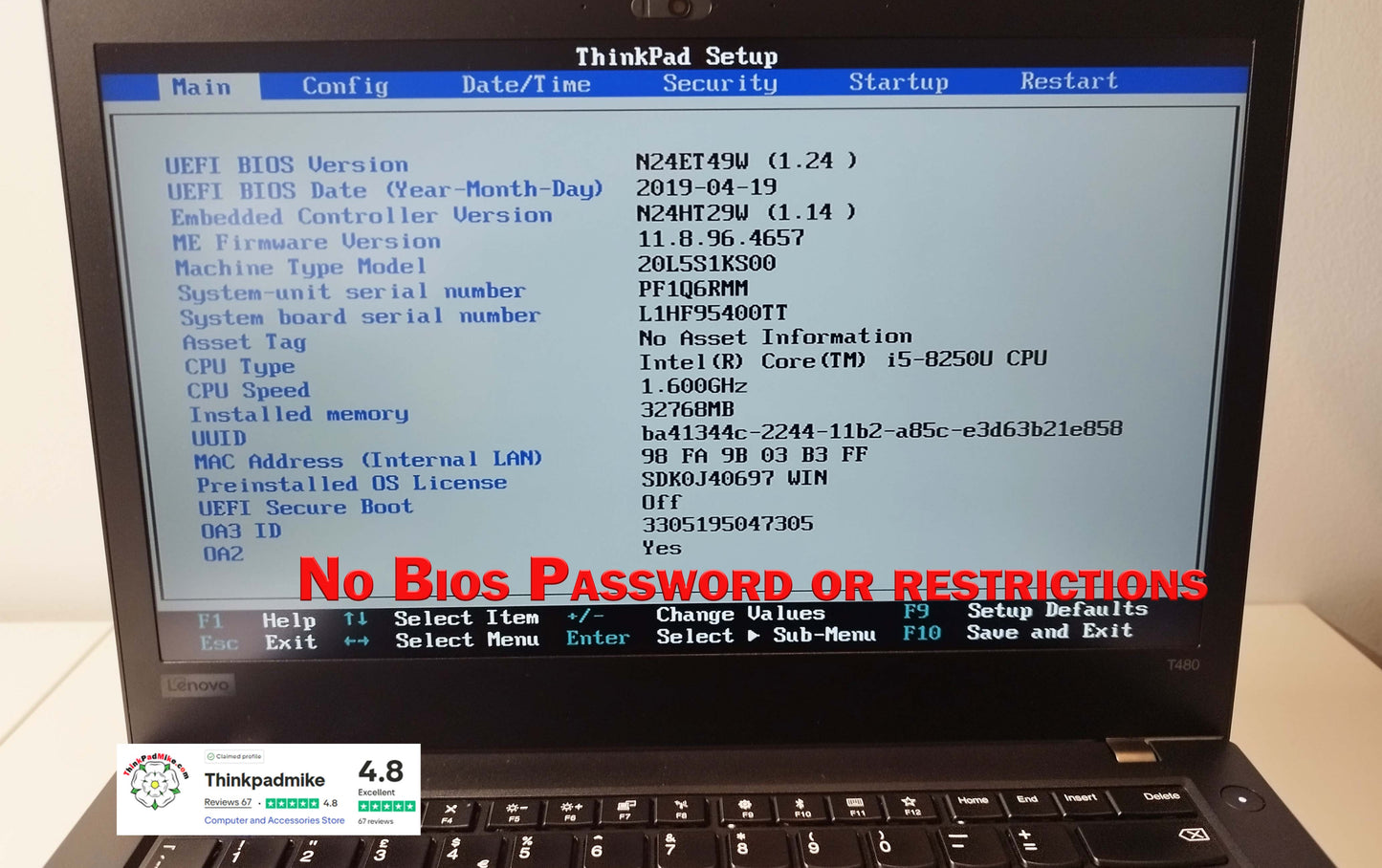Lenovo ThinkPad T480 i5 8250U 32GB RAM 256GB SSD IPS TOUCH SCREEN (1214)