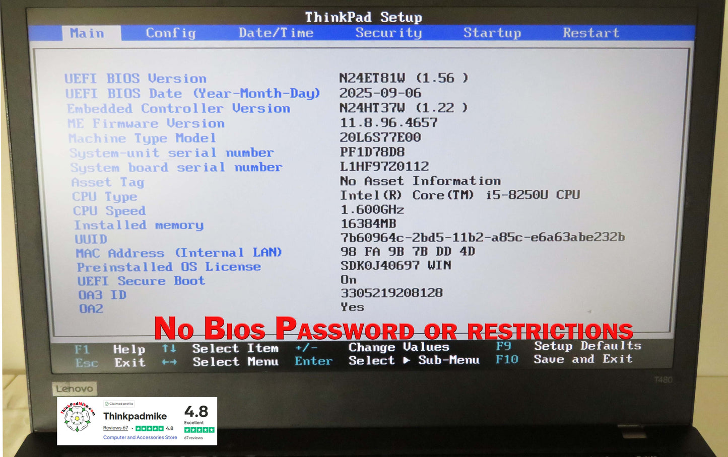 Lenovo ThinkPad T480 i5 8250U 16GB RAM 256GB SSD IPS SCREEN WIN11 (1226)