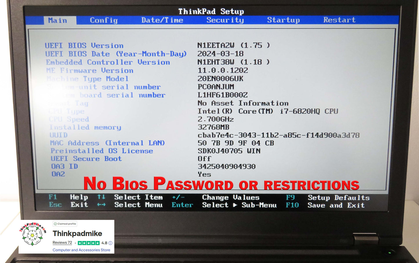 Lenovo ThinkPad P50 i7 6820HQ 32GB RAM 2 x 256GB SSDs IPS NVIDIA M2000M (1240)