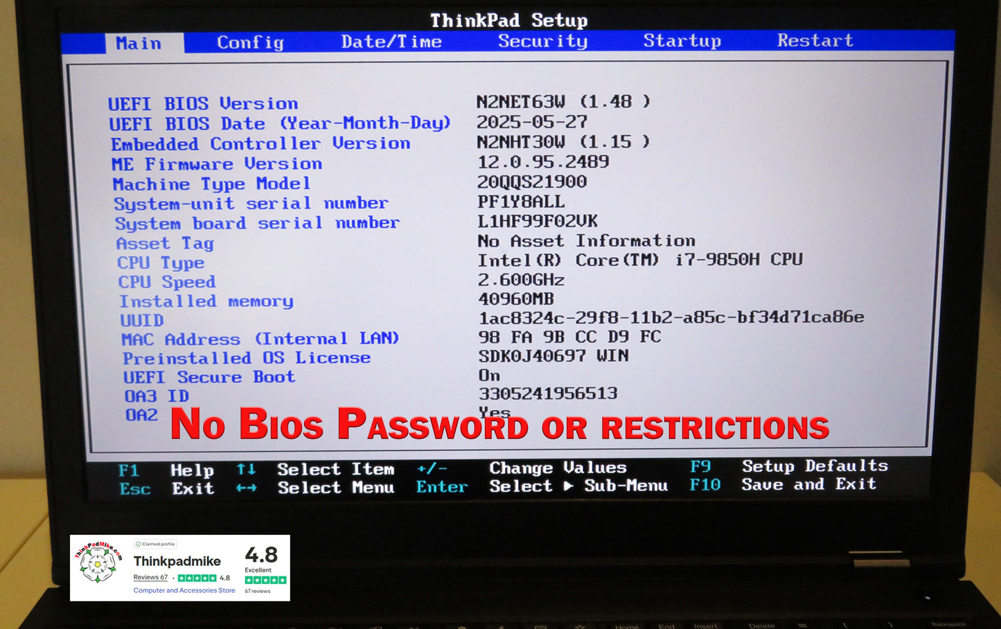 Lenovo ThinkPad P53 i7 *HEX CORE* 9850H 2.6Ghz 40GB RAM 512GB + 512GB IPS B\L KB NVIDIA T2000 (1220)