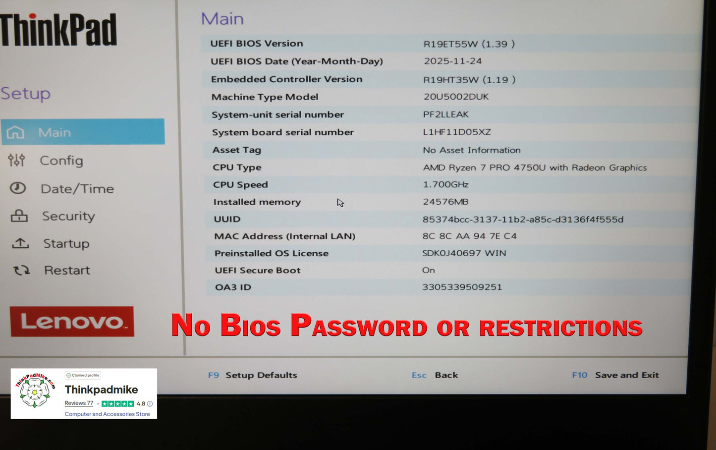 Lenovo ThinkPad L14 AMD Ryzen 7 Pro 8 CORE 24GB RAM 256GB SSD IPS FHD SCREEN (1292)