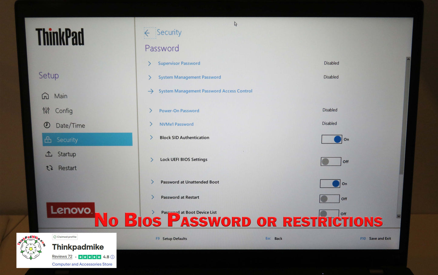 Lenovo ThinkPad laptop screen displaying security settings with a visible Thinkpadmike logo.