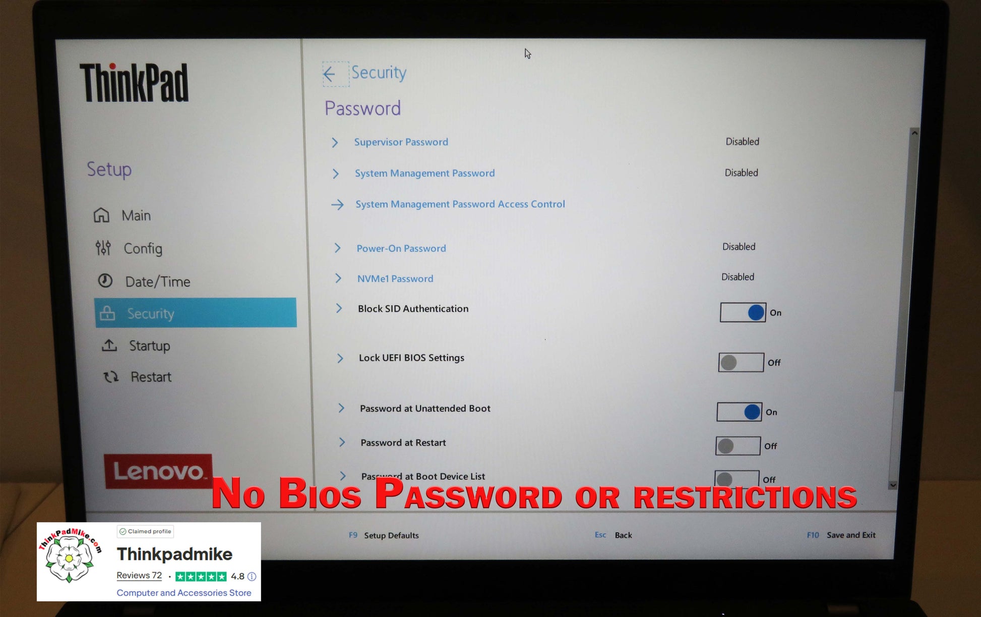 Lenovo ThinkPad laptop screen displaying security settings with a visible Thinkpadmike logo.