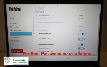 Lenovo ThinkPad laptop screen displaying security settings with a visible Thinkpadmike logo.