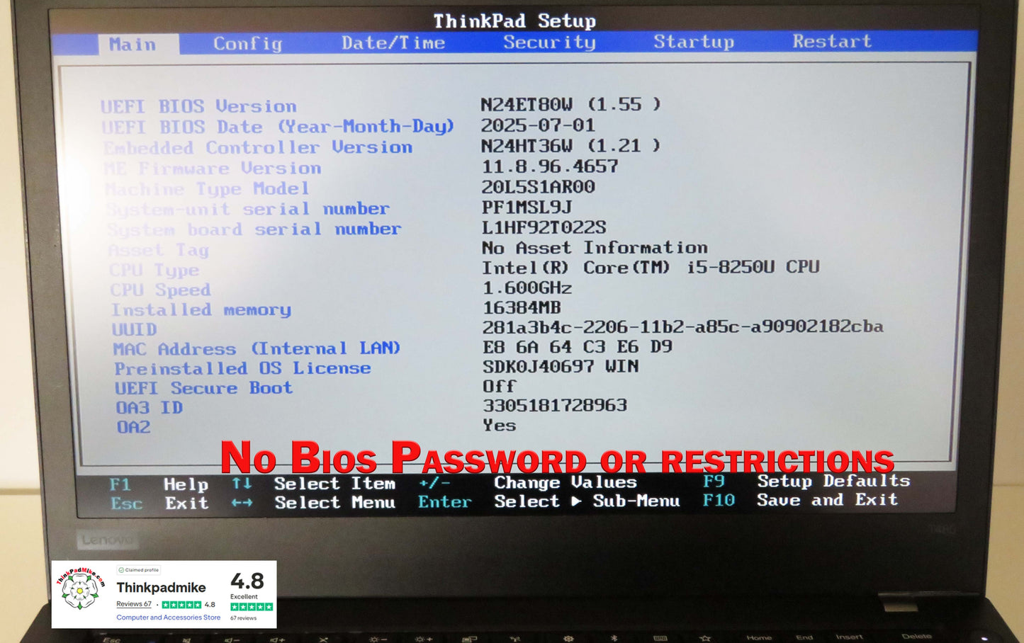 Lenovo ThinkPad T480 i5 8250U 16GB RAM 256GB SSD IPS TOUCH SCREEN (1216)