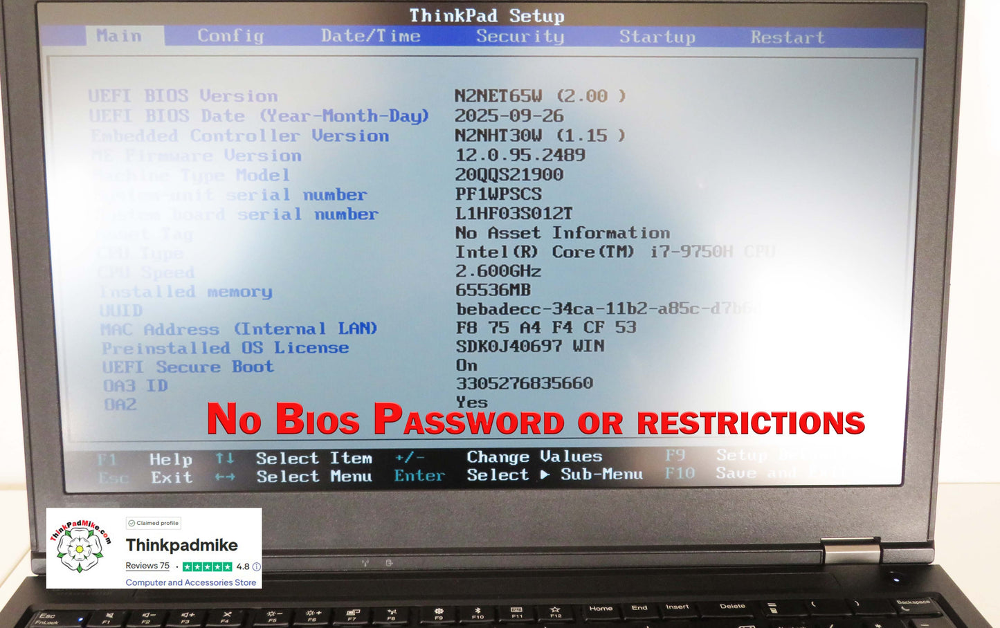Lenovo ThinkPad P53 i7 *6 CORE* 9750H 2.6Ghz 64GB RAM 512GB IPS B\L KB NVIDIA T2000 (1268)