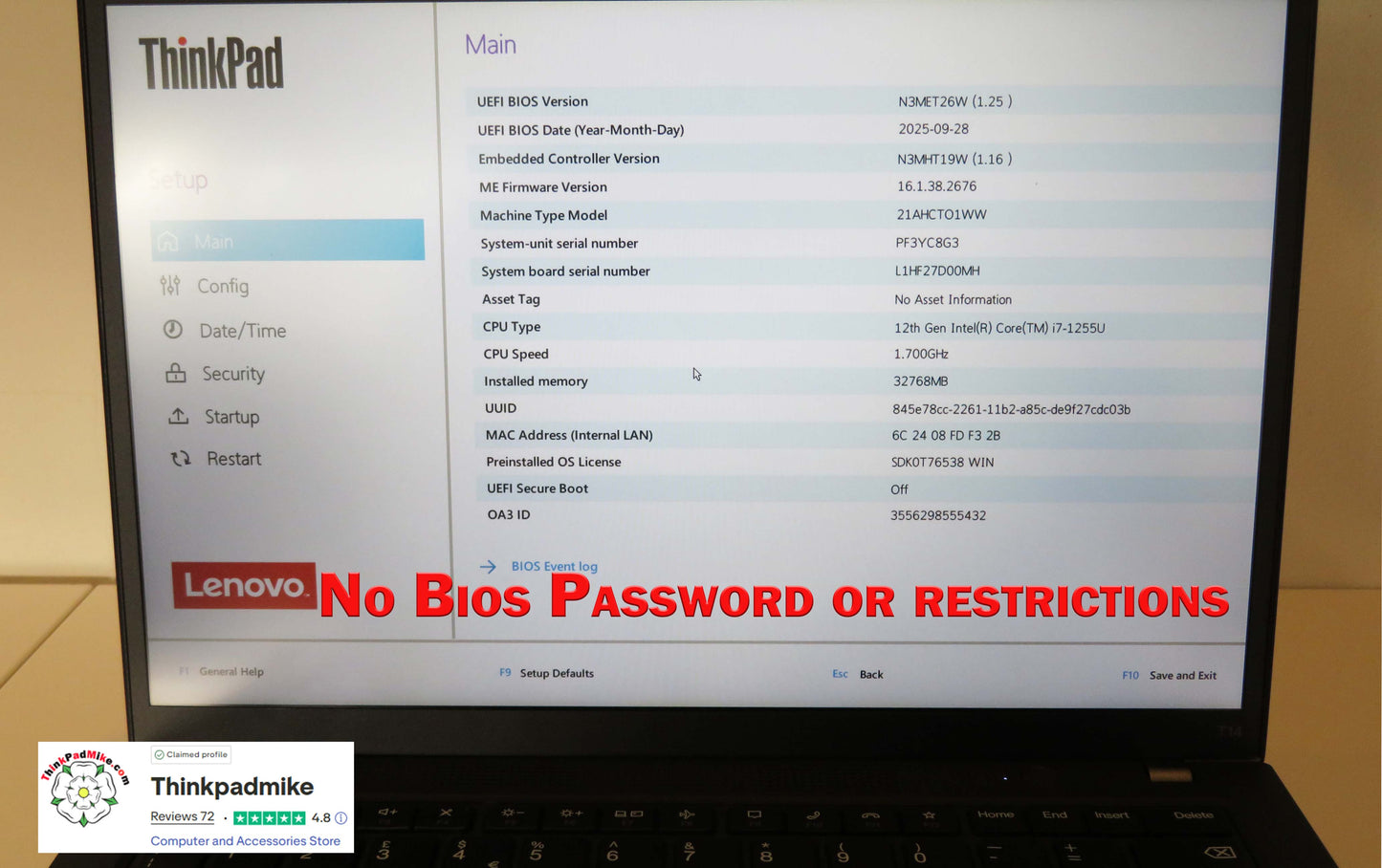 Lenovo ThinkPad T14 i7 1255u 10 Core 32GB RAM 256GB SSD WUXGA IPS SCREEN (1241)