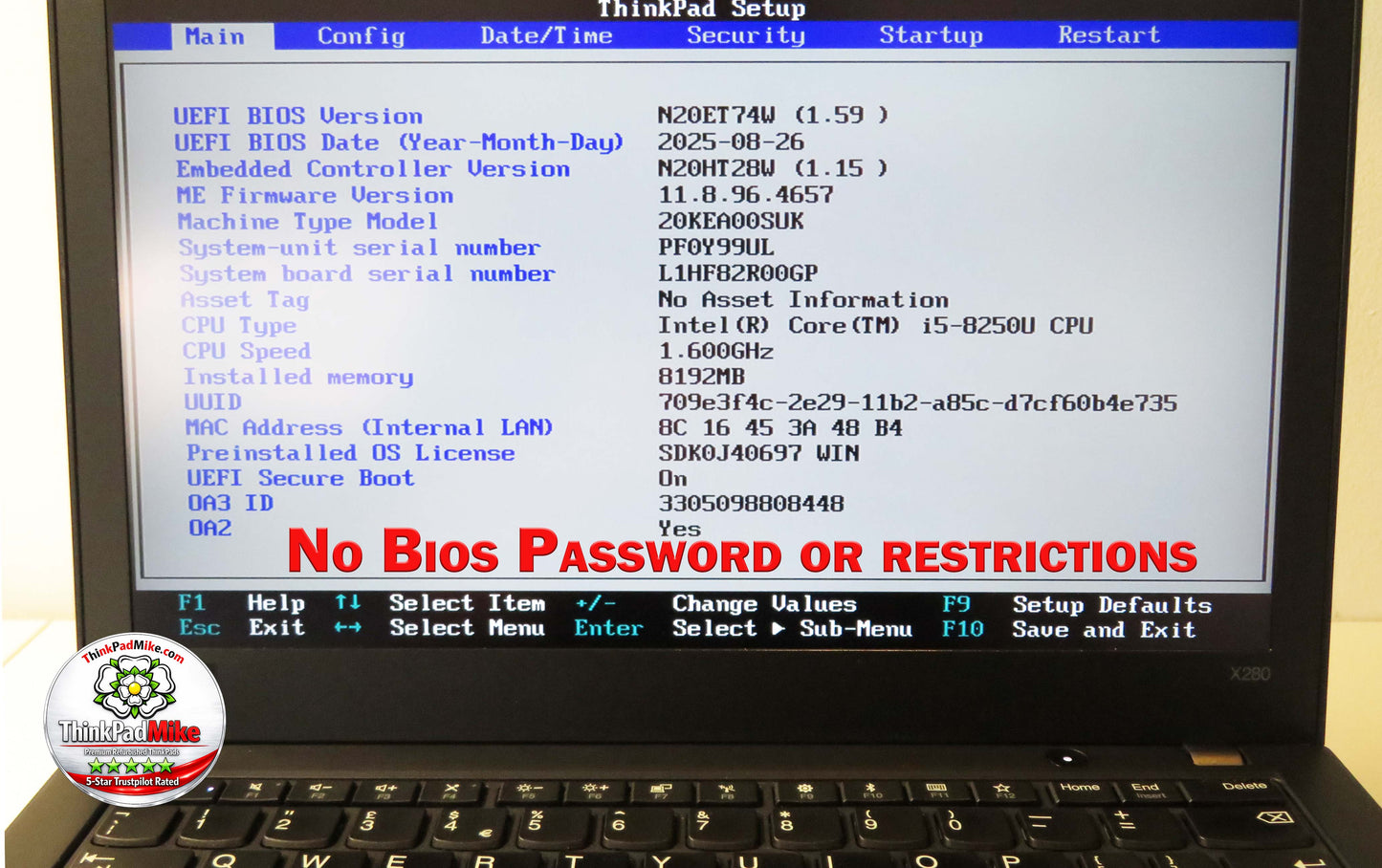 Lenovo ThinkPad x280 i5 8250U 1.6Ghz 8GB RAM 256GB SSD IPS Touch Screen (728)