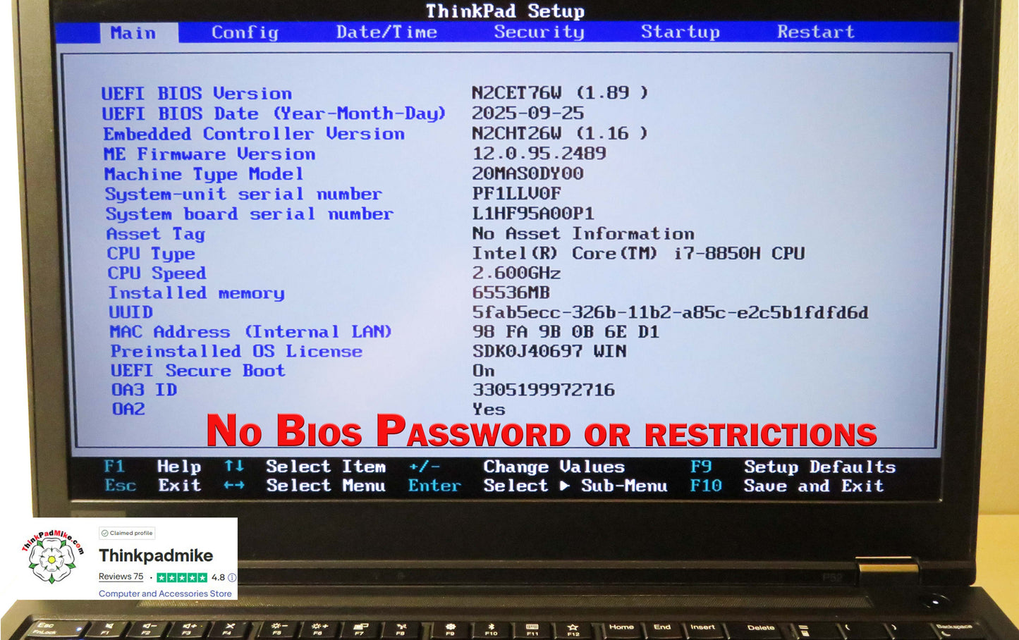Lenovo ThinkPad P52 i7 *6 CORE* 8850H 2.6Ghz 64GB RAM 512GB SSD IPS B\L KB NVIDIA P2000 (1276)