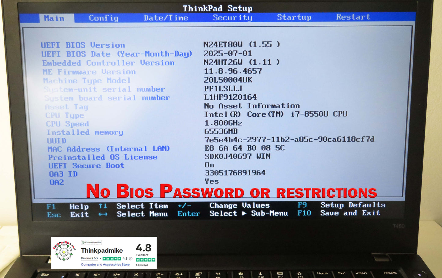 Lenovo ThinkPad T480 i7 8550U 64GB RAM 256GB SSD IPS SCREEN B\L KB (1184)