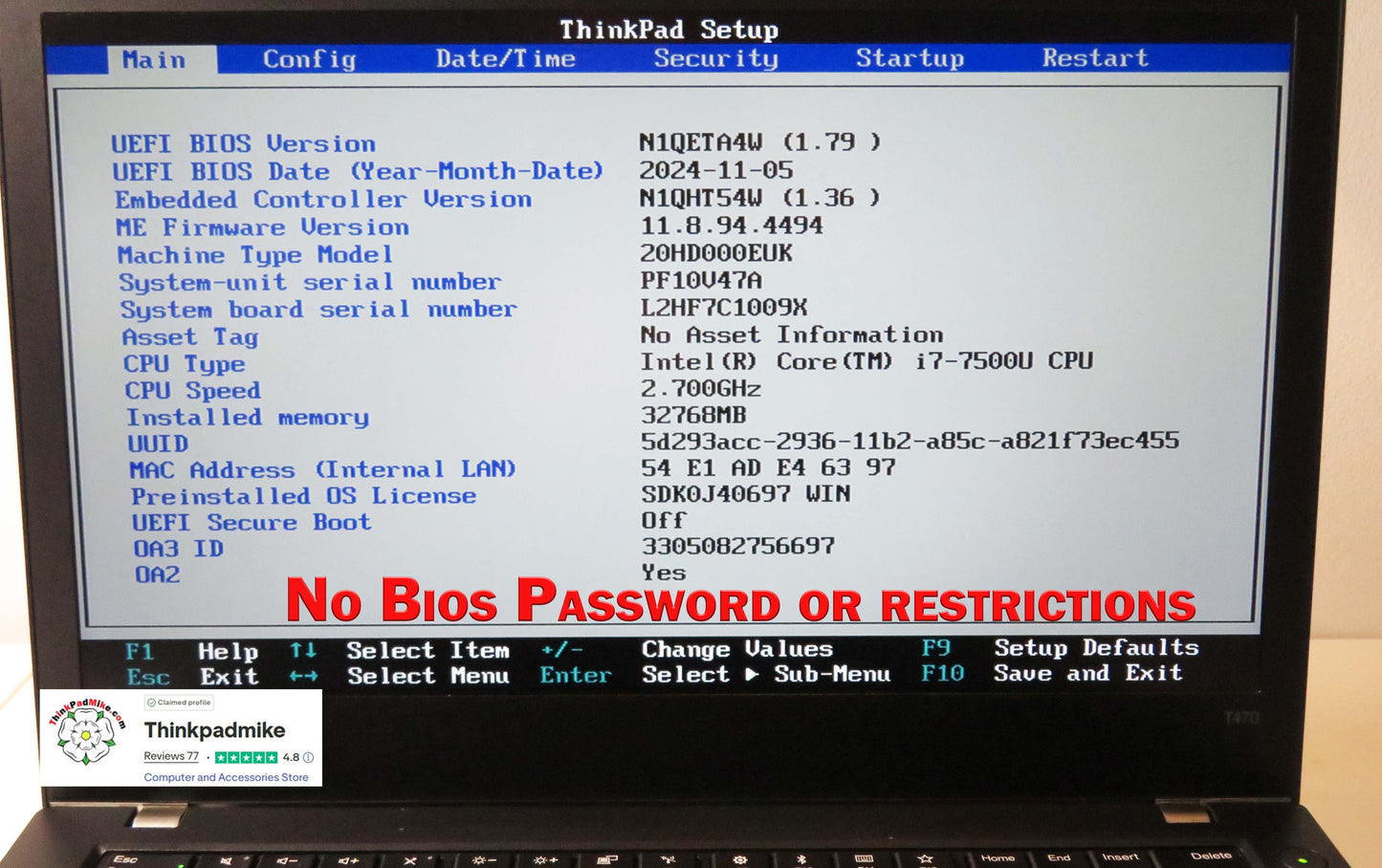 Lenovo ThinkPad T470 7500U i7 2.7Ghz 32GB RAM 256GB SSD IPS Screen B\L KB (626)