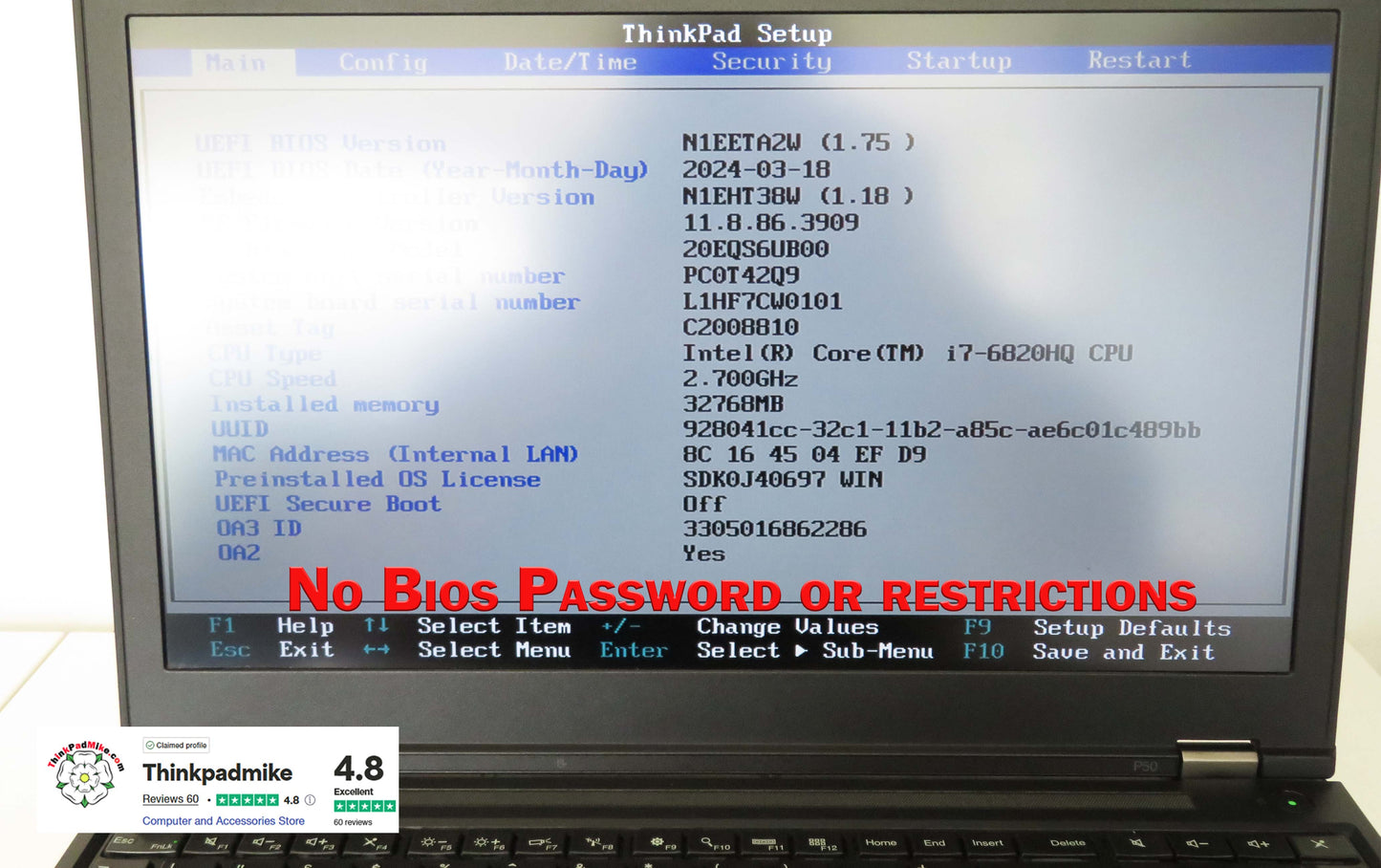 Lenovo ThinkPad P50 i7 6820HQ 32GB RAM 512GB SSD IPS NVIDIA M2000M (1178)