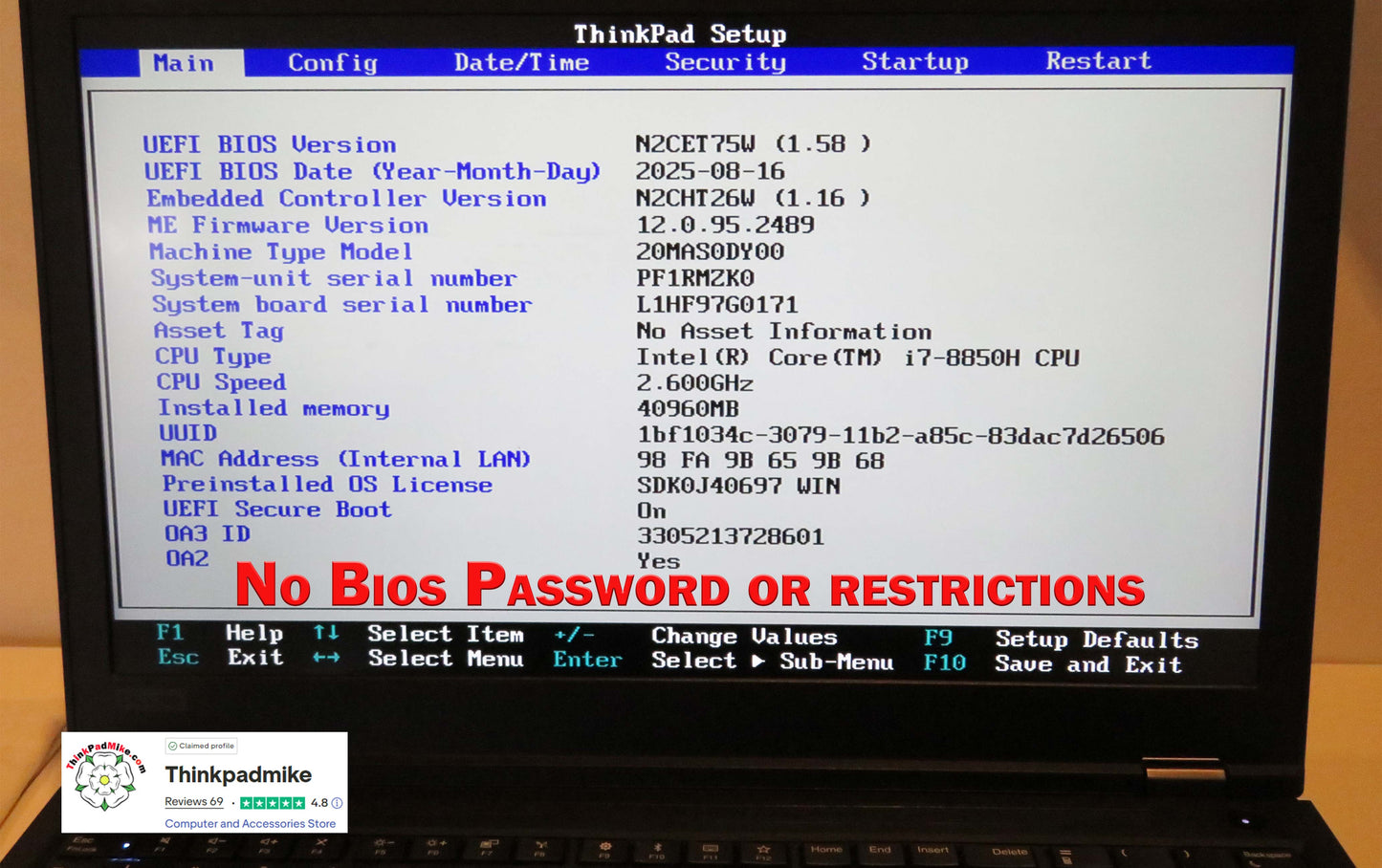 Lenovo ThinkPad P52 i7 *6 CORE* 8850H 2.6Ghz 40GB RAM 512GB IPS B\L KB NVIDIA P2000 (1238)