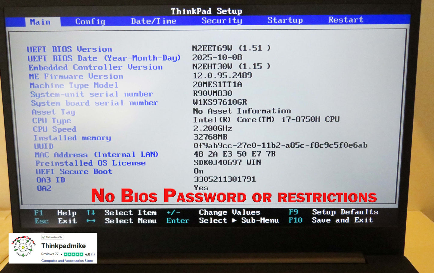 Lenovo ThinkPad P1  i7 *6 CORE* 8750H 2.2Ghz 32GB RAM 512GB SSD IPS B\L KB NVIDIA P1000 (1296)