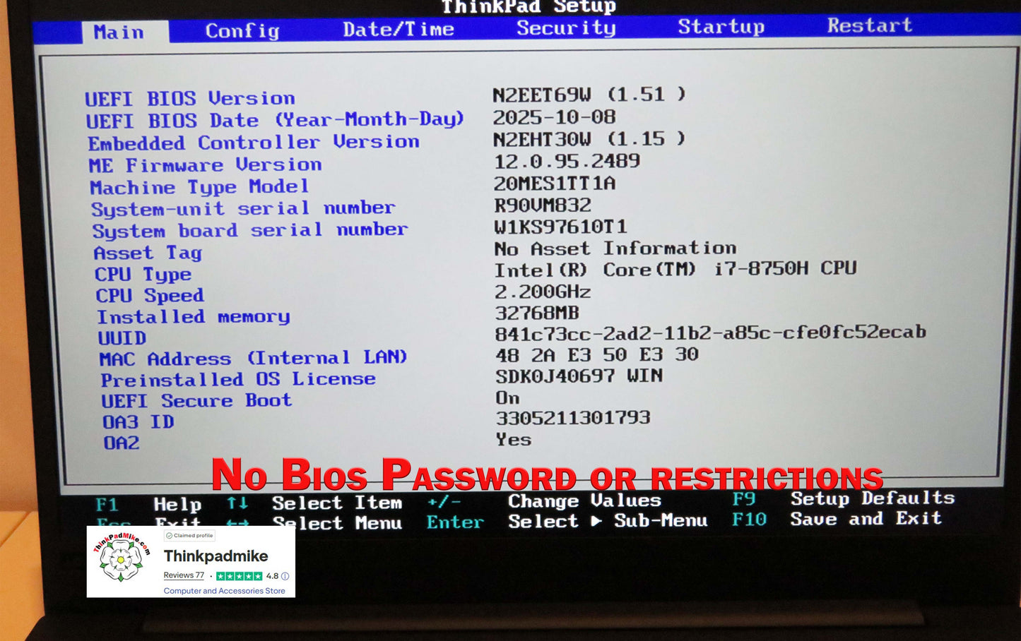 Lenovo ThinkPad P1  i7 *6 CORE* 8750H 2.2Ghz 32GB RAM 512GB SSD IPS B\L KB NVIDIA P1000 (1303)