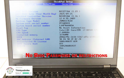 Lenovo ThinkPad P52 i7 *6 CORE* 8850H 2.6Ghz 32GB RAM 512GB SSD IPS B\L KB NVIDIA P1000 (1275)