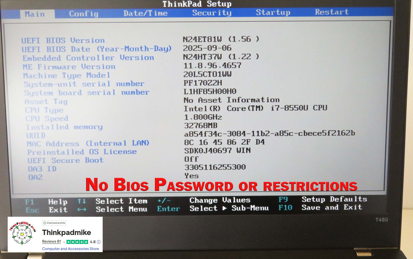 Lenovo ThinkPad T480 i7 8550U 32GB RAM 256GB SSD IPS SCREEN (1293)