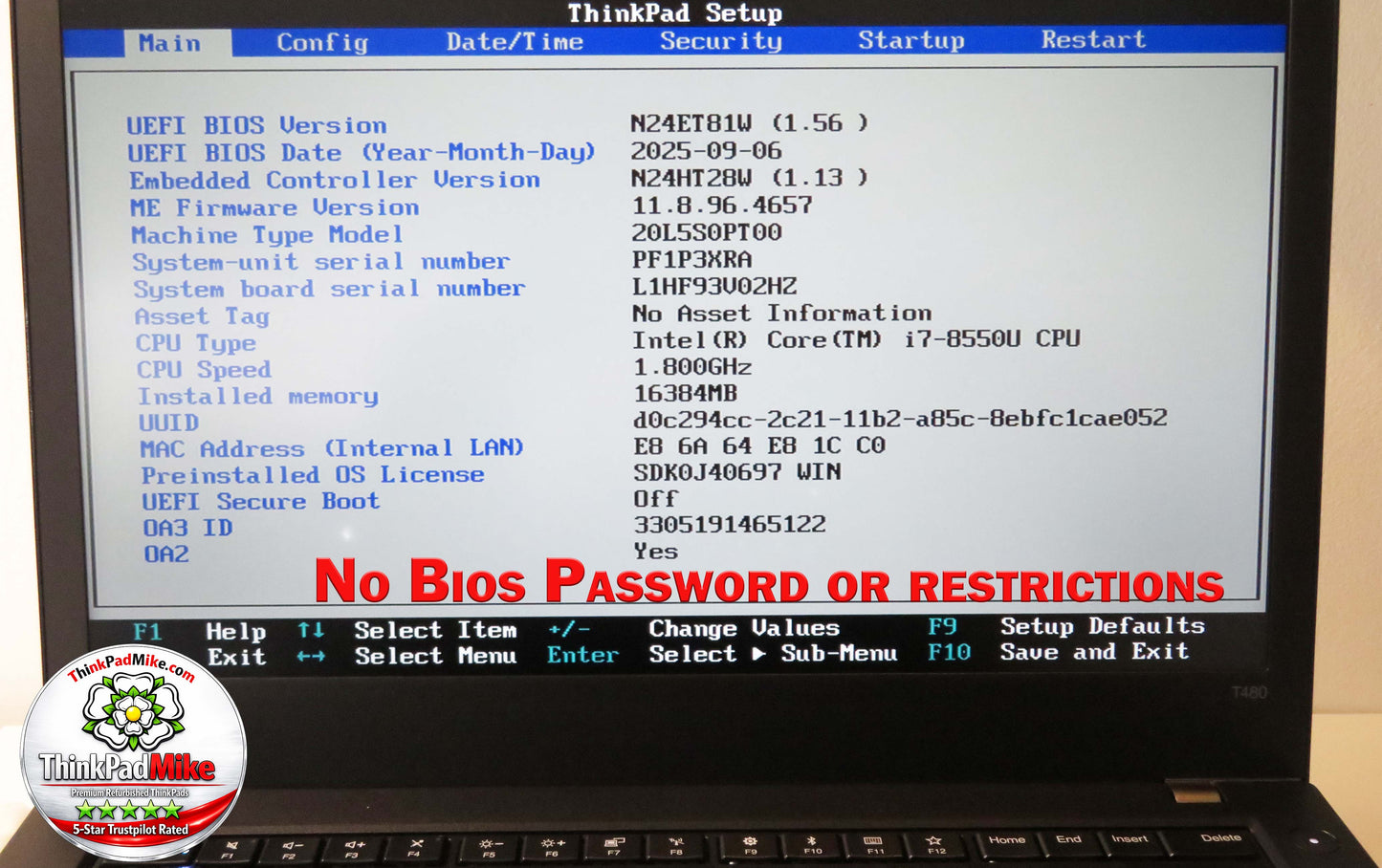 Lenovo ThinkPad T480 i7 8550U 16GB RAM 256GB SSD IPS SCREEN NVIDIA MX150 (1339)