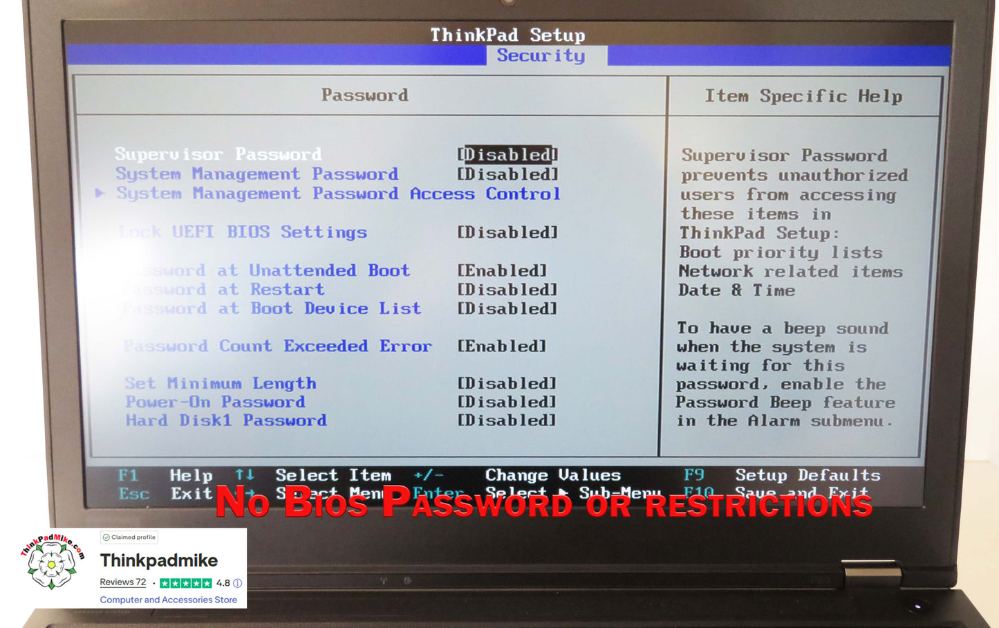 Computer screen displaying BIOS setup menu with text 'No BIOS Password or Restrictions' at the bottom.
