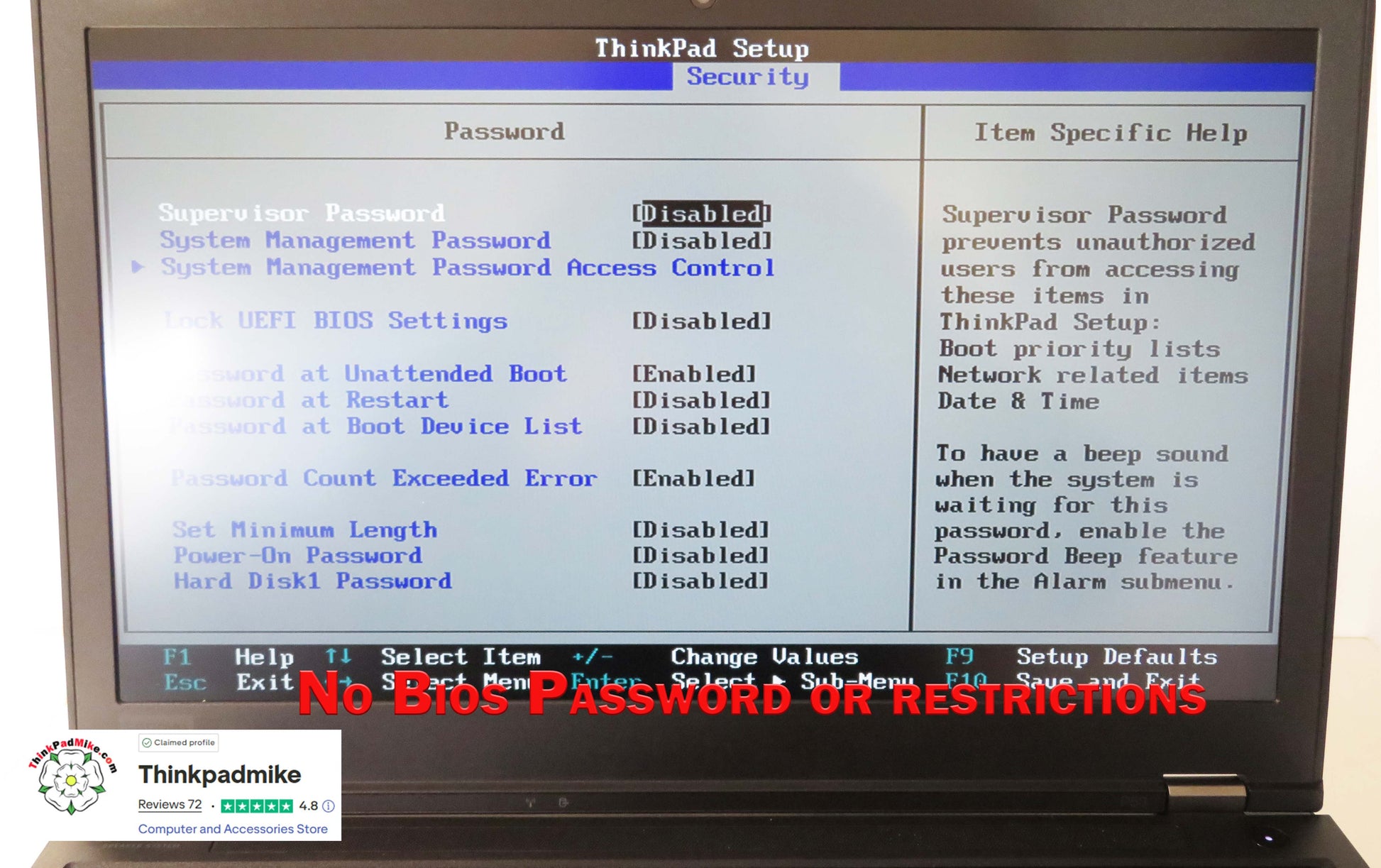 Computer screen displaying BIOS setup menu with text 'No BIOS Password or Restrictions' at the bottom.