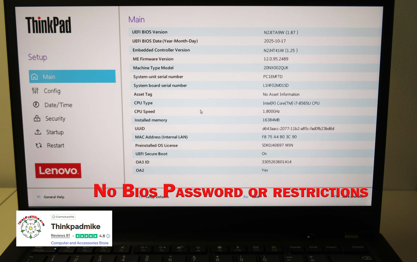 Lenovo ThinkPad T490s i7 1.8Ghz 8565U 16GB RAM 512GB SSD IPS WWAN 4g (1316)