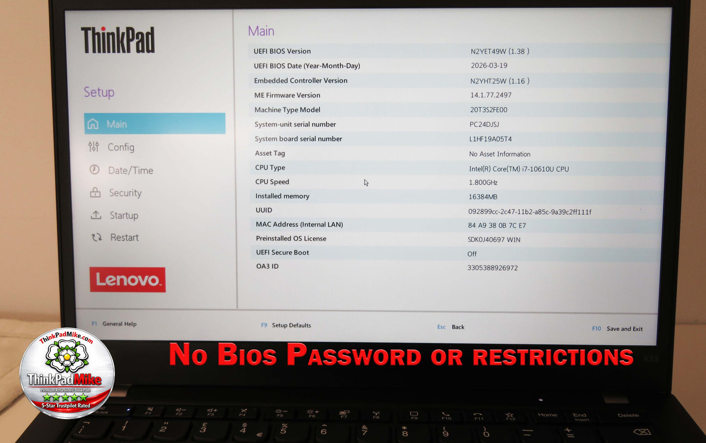 Lenovo ThinkPad x13 Gen 1 i7 10610U 16GB RAM 256GB SSD IPS SCREEN B\LKB 4G (1387)
