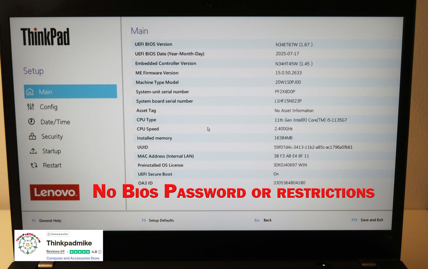 Lenovo ThinkPad T14 i5 1135G7 16GB RAM 256GB SSD IPS FHD SCREEN B\LKB (1235)