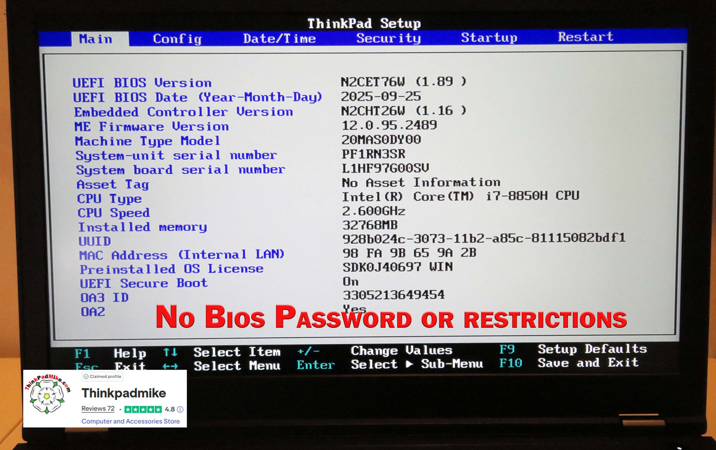 Lenovo ThinkPad P52 i7 *6 CORE* 8850H 2.6Ghz 32GB RAM 512GB SSD IPS B\L KB NVIDIA P2000 (1270)