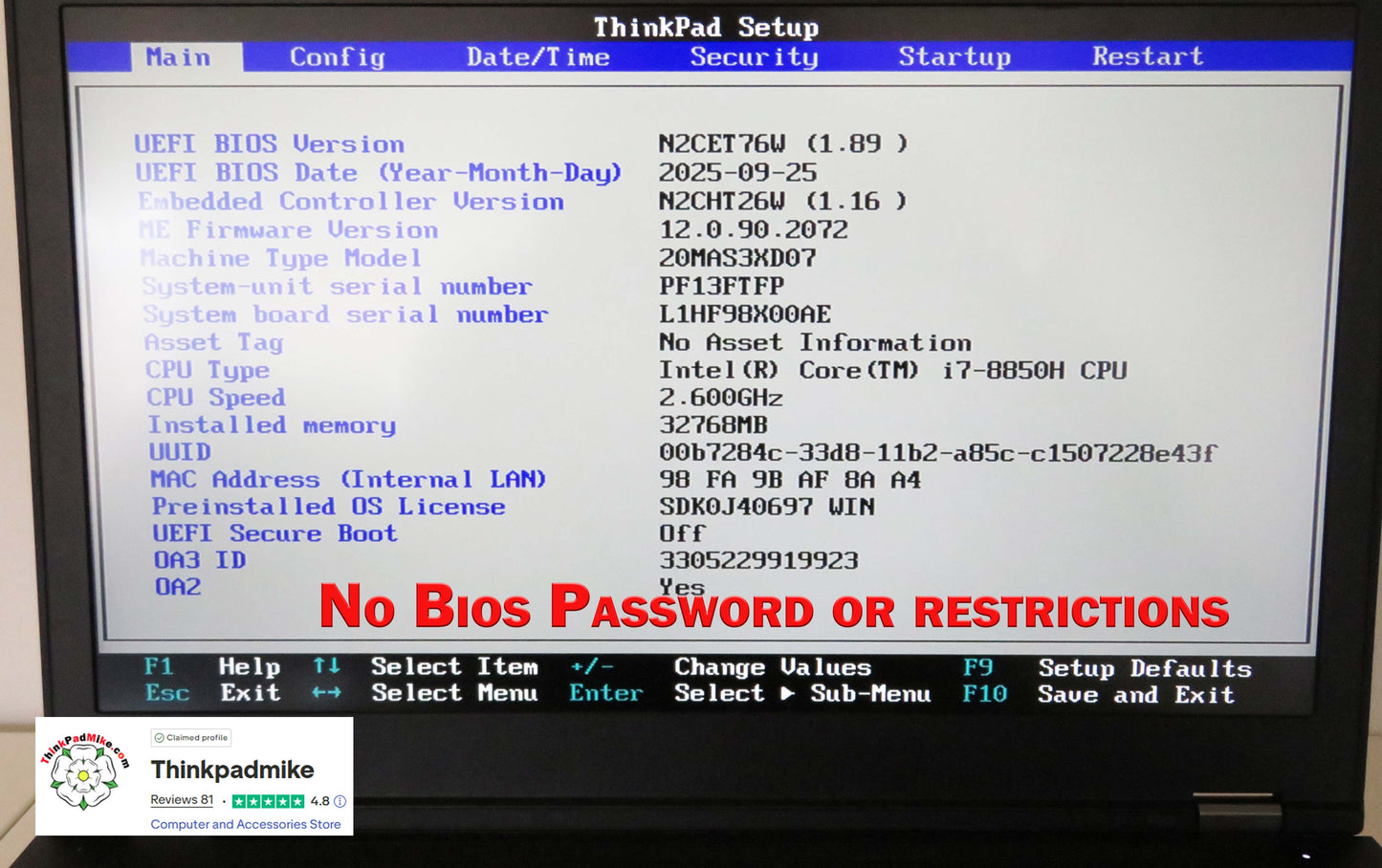 Lenovo ThinkPad P52 i7 *6 CORE* 8850H 2.6Ghz 32GB RAM 512GB SSD IPS B\L KB NVIDIA P1000 (1313)