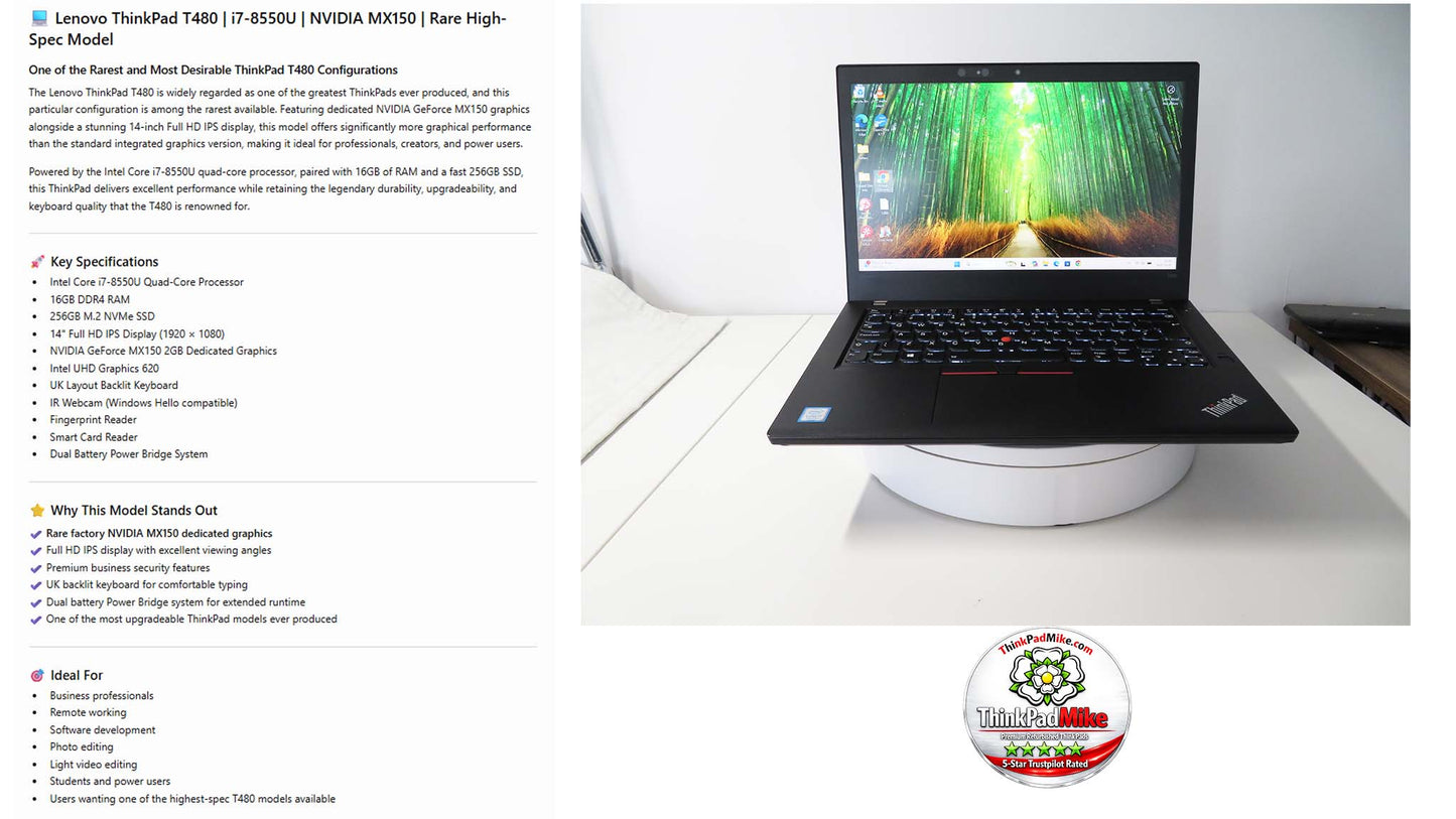 Lenovo ThinkPad T480 i7 8550U 16GB RAM 256GB SSD IPS SCREEN NVIDIA MX150 (1368)