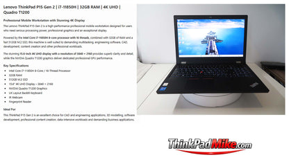 Lenovo ThinkPad P15 i7 11850H *8 CORE* 32GB RAM 512GB SSD UHD NVIDIA T1200 (1377)