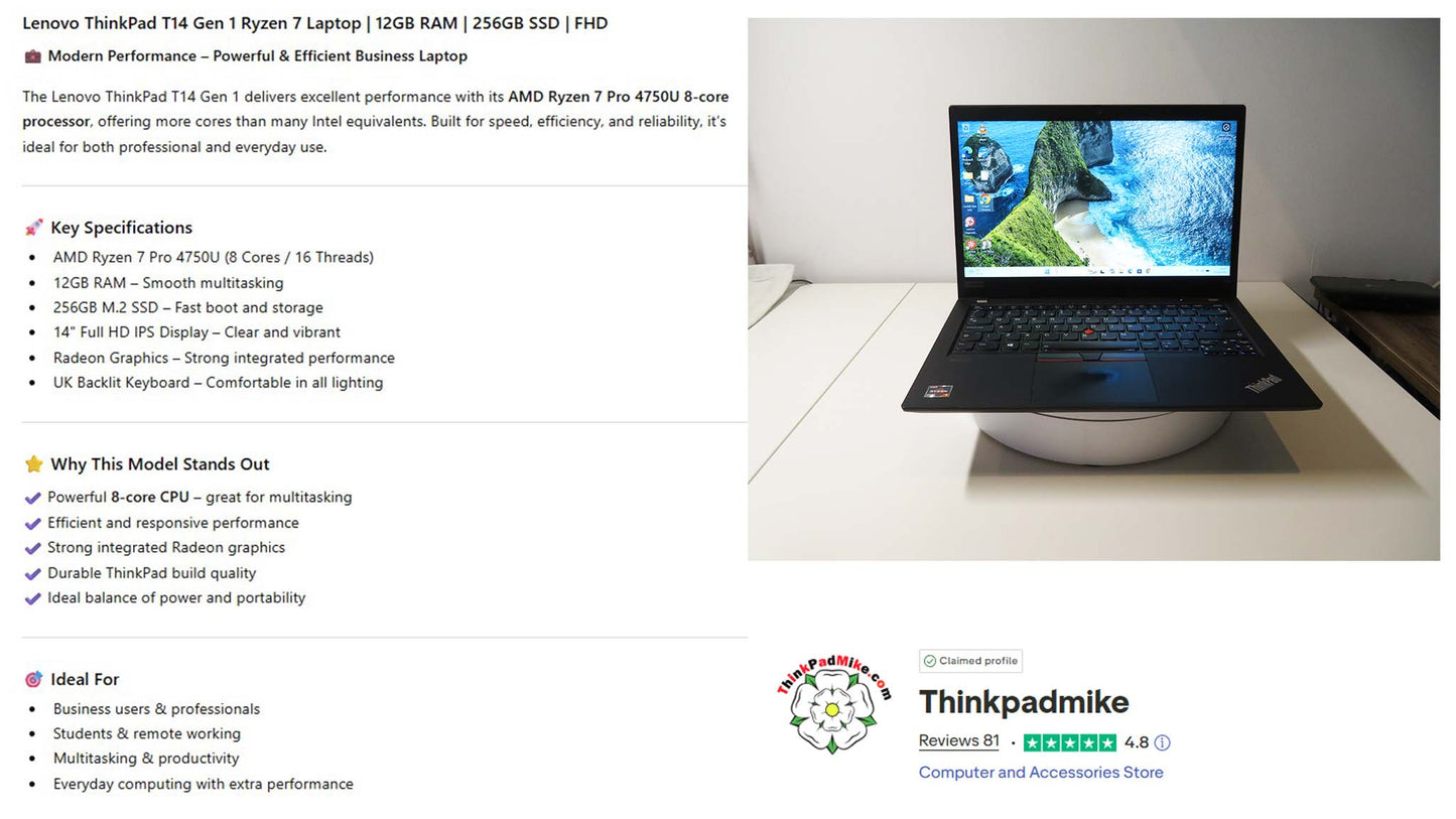 Lenovo ThinkPad T14 AMD Ryzen 7 Pro 8 CORE 12GB RAM 256GB SSD IPS FHD B\L KB (1328)