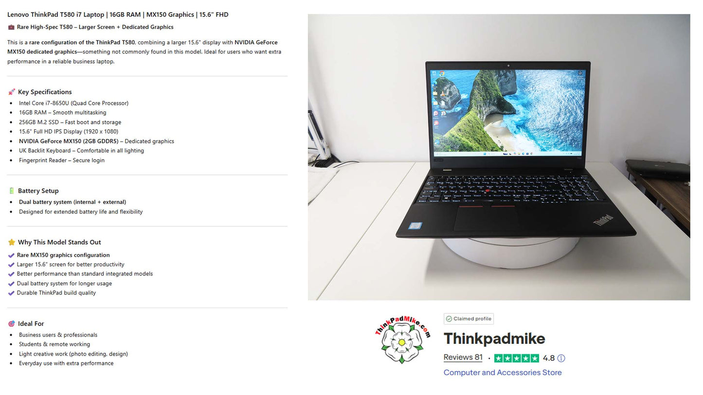 Lenovo ThinkPad T580 i7 8650U 16GB RAM 256GB SSD IPS SCREEN NVIDIA MX150 (1329)