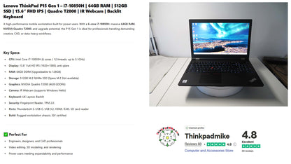 Lenovo ThinkPad P15 i7 10850H *6 CORE* 64GB RAM 512GB SSD IPS NVIDIA T2000 WIN11 (1168)