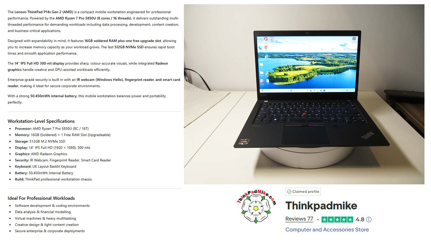 Lenovo ThinkPad P14s AMD Ryzen 7 Pro 8 Core 16GB RAM 512GB SSD IPS Screen (1291)